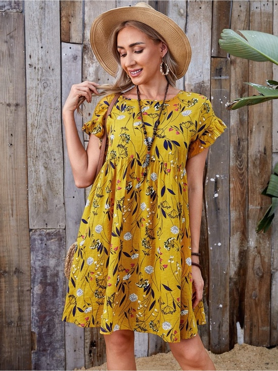 Emery Rose Dresses & Skirts - Emery Rose Yellow Floral Ruffle Short Sleeve Babydoll Dress Womens Size Medium